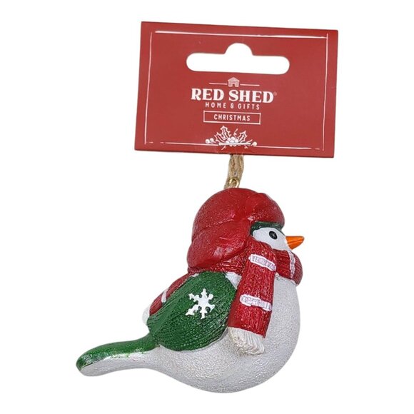 Red Shed Christmas Resin Bird Ornament With Scarf & Hat Tree Ornament Red Green - Picture 1 of 10